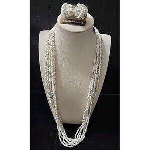 Bohemian Glass Vintage Necklace & Earring Set White & Light Blue Gold Tone 90's